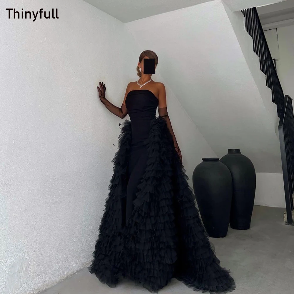 

Thinyfull Black Elegant Evening Party Dress Strapless A-line Prom Dress Tulle Tiered Saudi Arabia Formal Occasion Event Gown