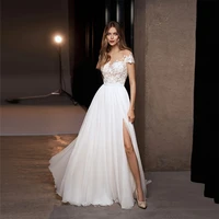 modern wedding dress appliques scoop neck chiffon bridal gowns short sleeves a line split brides dresses vestidos de novia