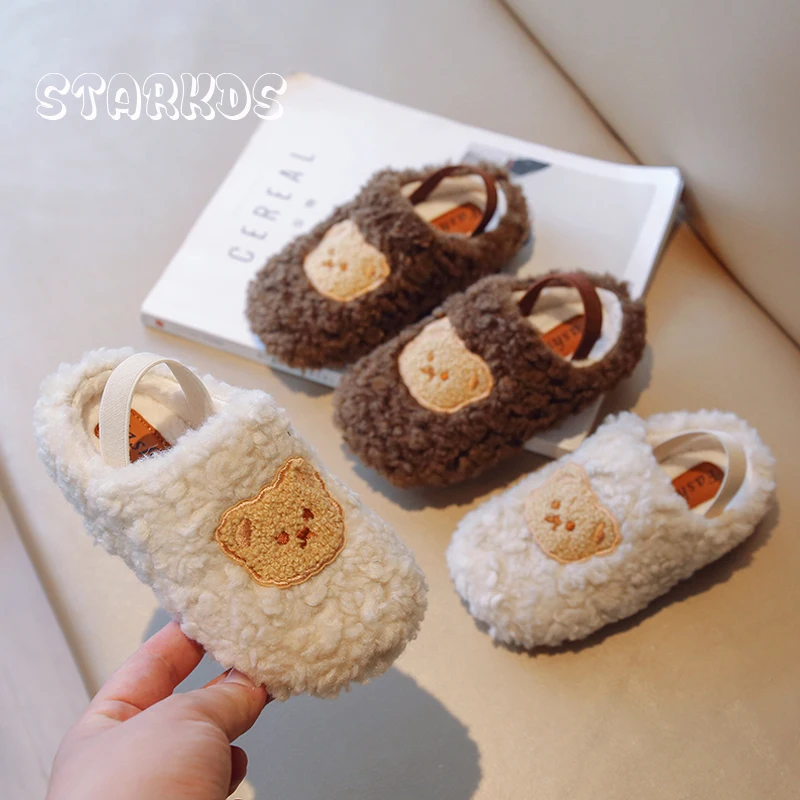 Cute Bear Embroidery Mules Kids Winter Plush Loafers Boys Girls Casual Outdoor Anti-Slip Warm Cotton Shoes