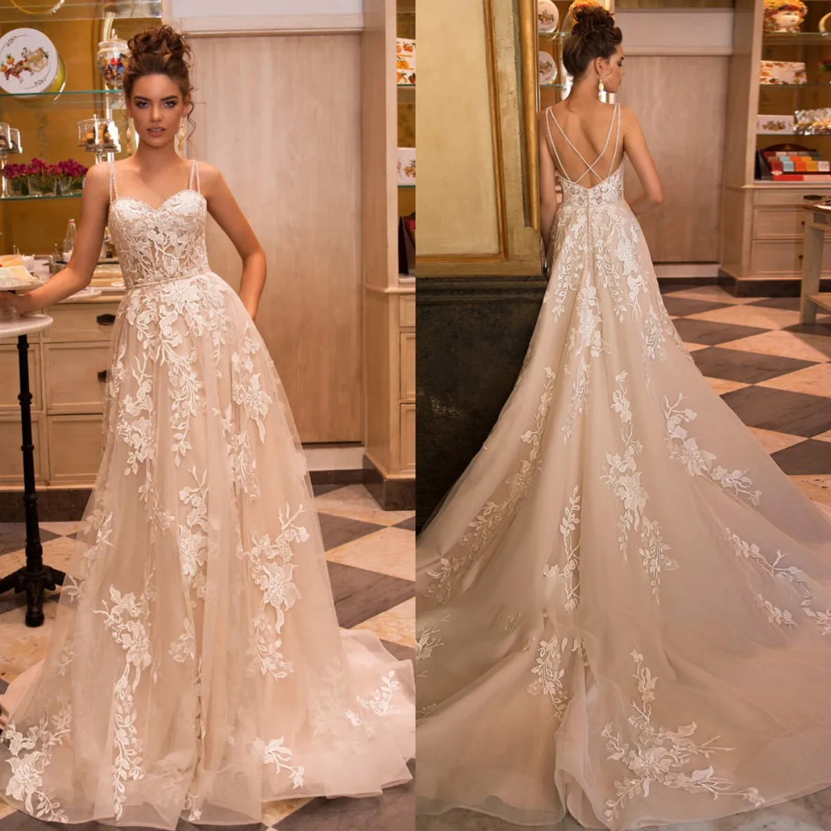 

Sexy Backless Sweetheart Lace Vintage Wedding Dresses 2023 Luxury Spaghetti Straps Appliques Court Train A Line Bride Gown