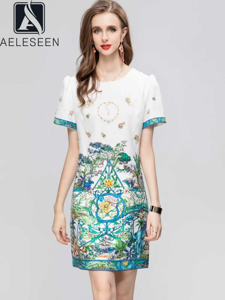 

AELESEEN Bohemian Summer Mini Dress Women Design Fashion Flower Print Beading Diamonds Elegant Holiday Vacation