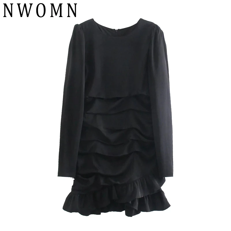 

NWOMN Za Dress Woman Black Pleat Mini Dress Women Irregular Ruffle Short Dresses Ruched Basic Elegant Long Sleeve Party Dresses