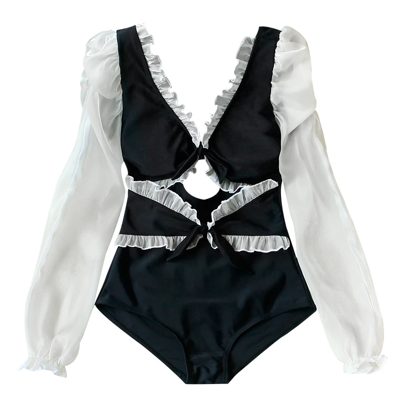 

Летний женский купальник, купальник с длинными рукавами, женский летний Цельный купальник, чистый черный сексуальный скрывающий живот купа...