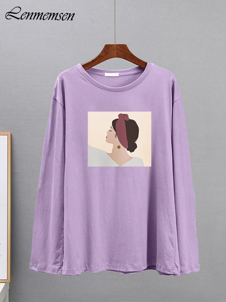 Lenmemsen весенние хлопковые футболки с длинным рукавом для женщин повседневные