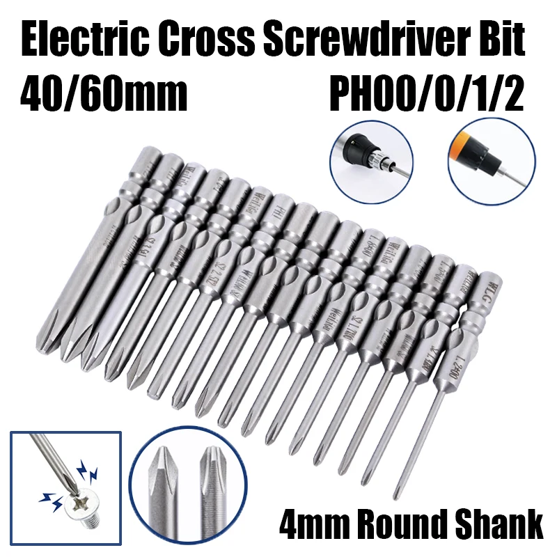 40/60mm 800 Electric Cross Screwdriver Bit 4mm Round Shank PH00/0/1/2 Magnetic Impact Phillips Screw Driver Drill Bit Batch Head