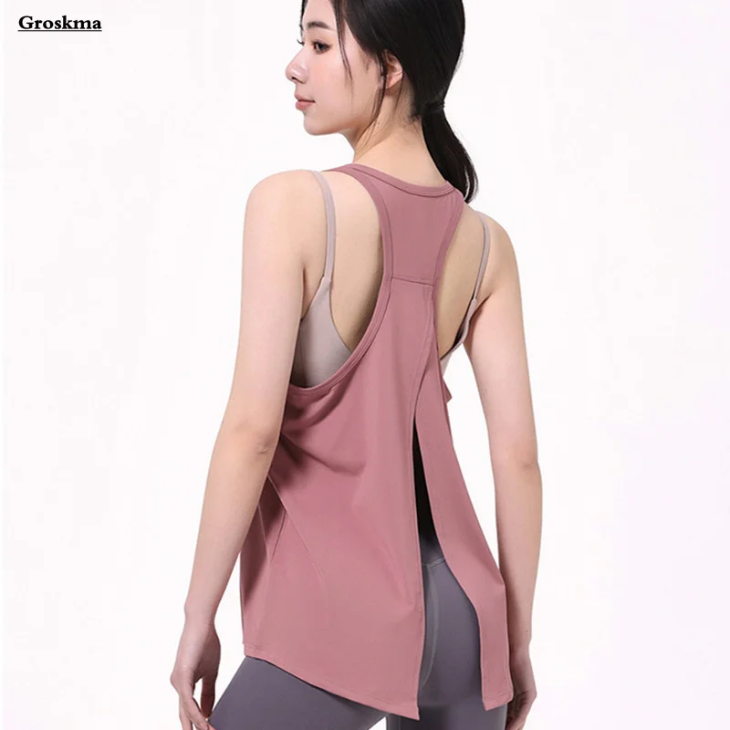 

Быстросохнущие женские майки для йоги, топы с разрезом сзади, Свободный жилет для фитнеса, тренажерного зала, спортивная одежда для бега, одежда без рукавов, женская одежда