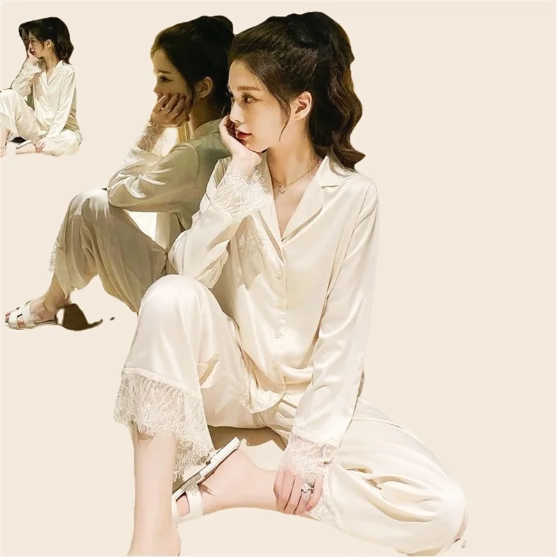 Women's Sexy Lace Pajamas Set Full Sleeve T-shirt Long Pants 2Piece/Set Cozy Silk Pyjama Mom Homewear Plus Size Rayon PJS