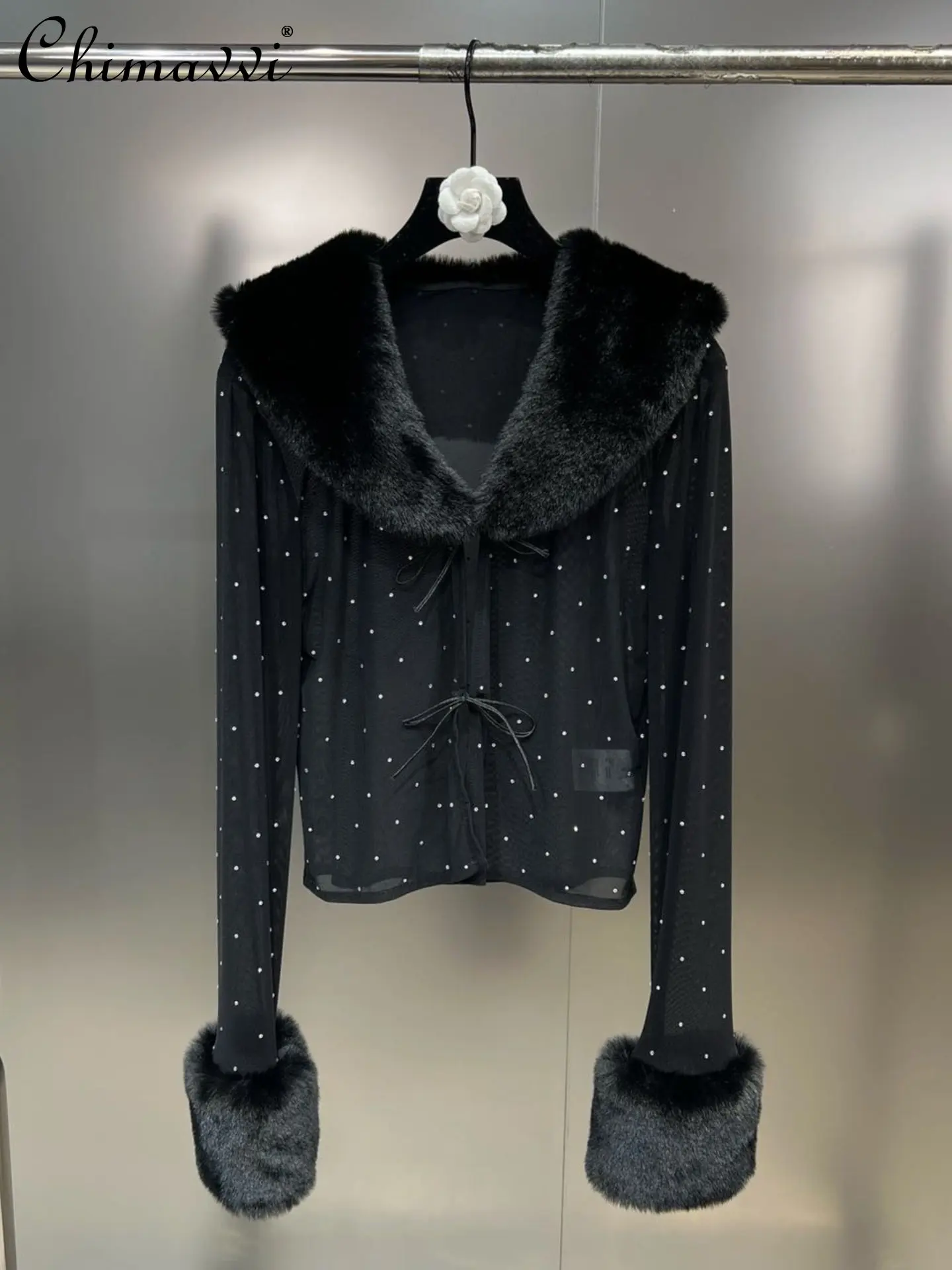 

2023 Spring New Fashion Furry Flanging V-neck Long Sleeve Shirts Women Exquisite Rhinestone Lace Up Mesh Blouse All-Matching