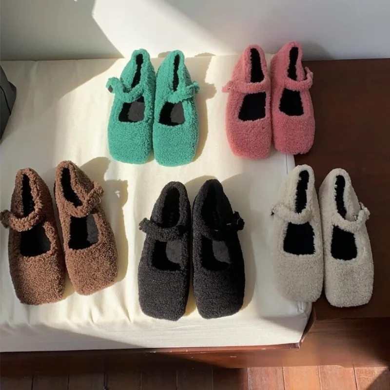 

Autumn Winter French style Women Fur Fur Flats Square Toe Mary Janes Casual Shoes Comfort Loafers Shoes 2023 Ballerina Flats