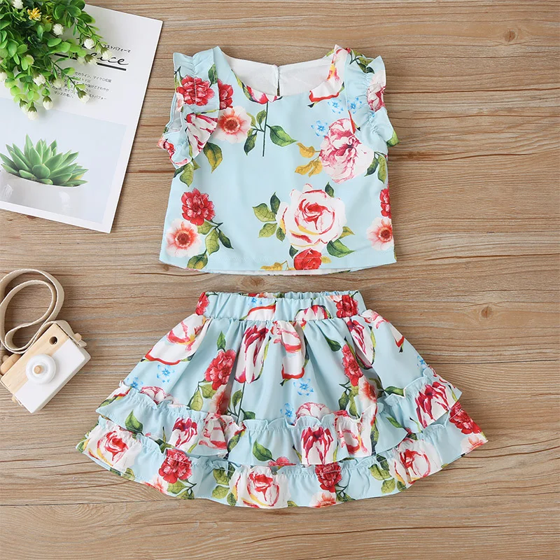 

Cheap Special Offer Kid Summer Beach Clothing Toddler Baby Girl Clothes Sleeveless T-Shirt Tops Flower Print Skirts 2pcs Outfits