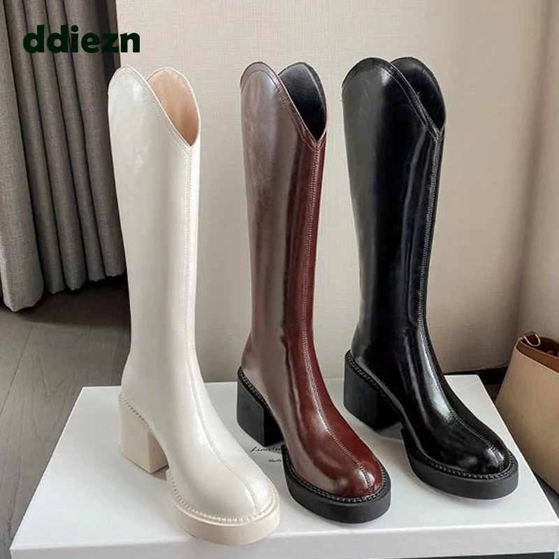 

Fashion Chelsea Women Knee High Boots Round Toe Outdoor Female Casual Heels Pumps Shoes Zippers WESTERN Ladies Modern Boots