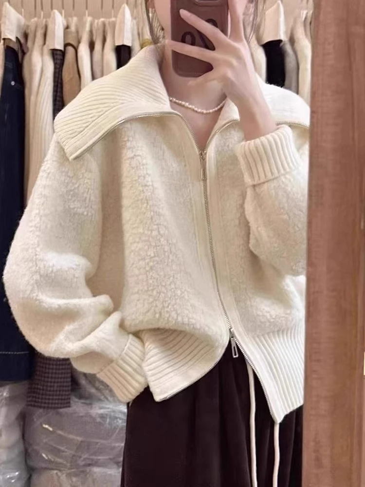 Белый свитер на молнии с большими лацканами High Sense верхняя одежда женская