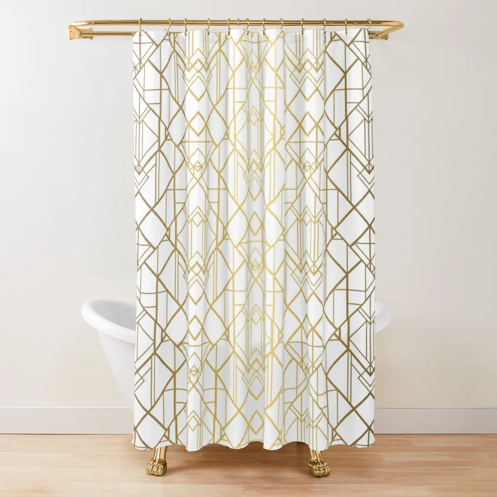 

White And Gold Vintage Faux Foil Art Deco Geometric Diamond Pattern Hooks For Curtains Bathroom Accessories Shower Curtains