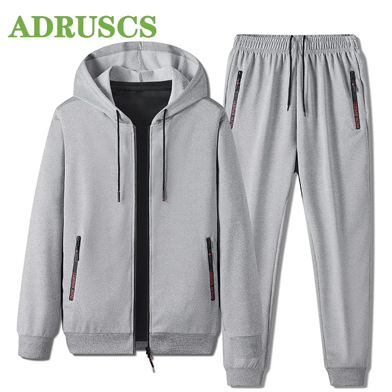 

M-4XL Spring Autumn Mens Casual Sportswear Hooded Cardigan Jacket Two Piece Sets Fashion Solid Color Tracksuit Men Streetwear
