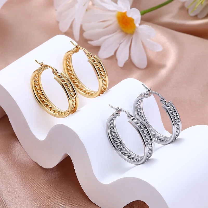 

1 Pair Earrings 2023 Tide Color Gold Ear Hoop Simple Ear Buckle Ear Stud Plated 18-karat Gold Titanium Steel Earrings