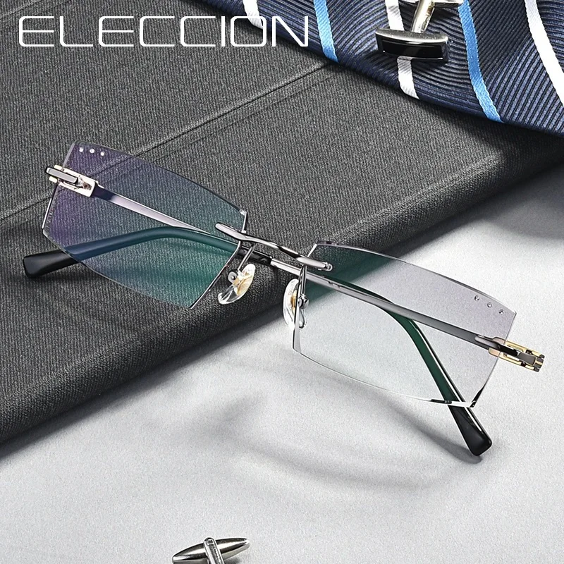 Rectangle Titanium Prescription Glasses Men Optical Gradient Lenses Diamond Cutting Rimless Diopters Progressive Eyeglasses