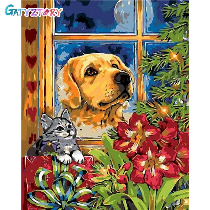 

GATYZTORY Рисование по номерам, собака и кошка, ручная роспись, рисование на холсте, подарок, DIY, картины по номерам, животные, дом Dec