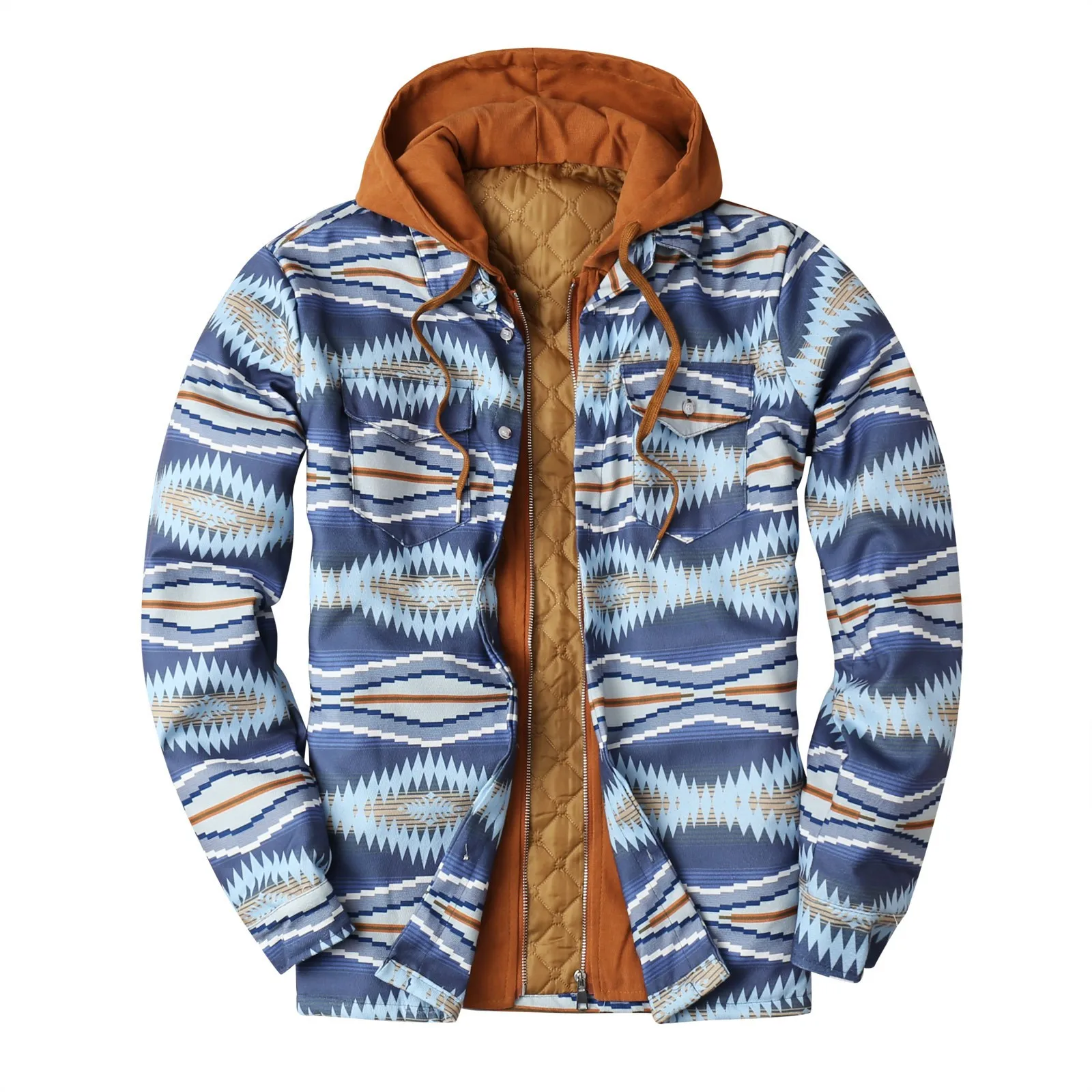 

Men's Casual Autumn and Winter Boho Print Hooded Zipper Pocket Long Sleeve Shirt Patchwork Jacket Loose Thickened ​Coat
