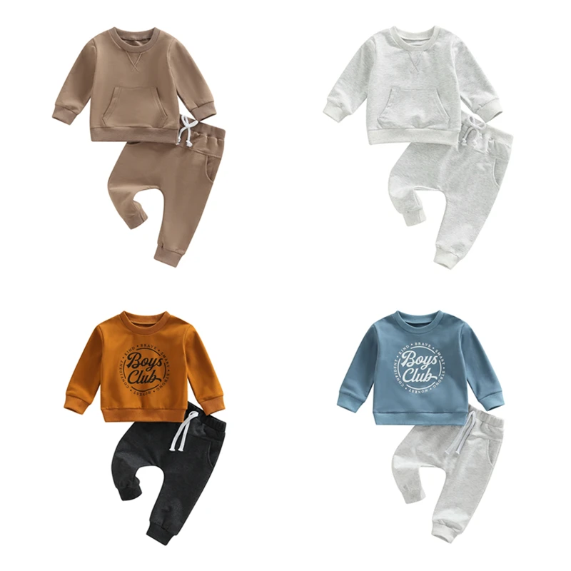 

Infant Boys Outfit Newborn Clothes Round Neck Long Sleeve Sweatshirts Tops + Solid Color Long Pants 2 Pieces Set Tracksuit