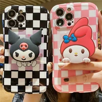 kuromi melody with holder checkerboard phone cases for iphone 13 12 11 pro max xr xs max 8 x huawei p40 p30 mate 40 30 pro