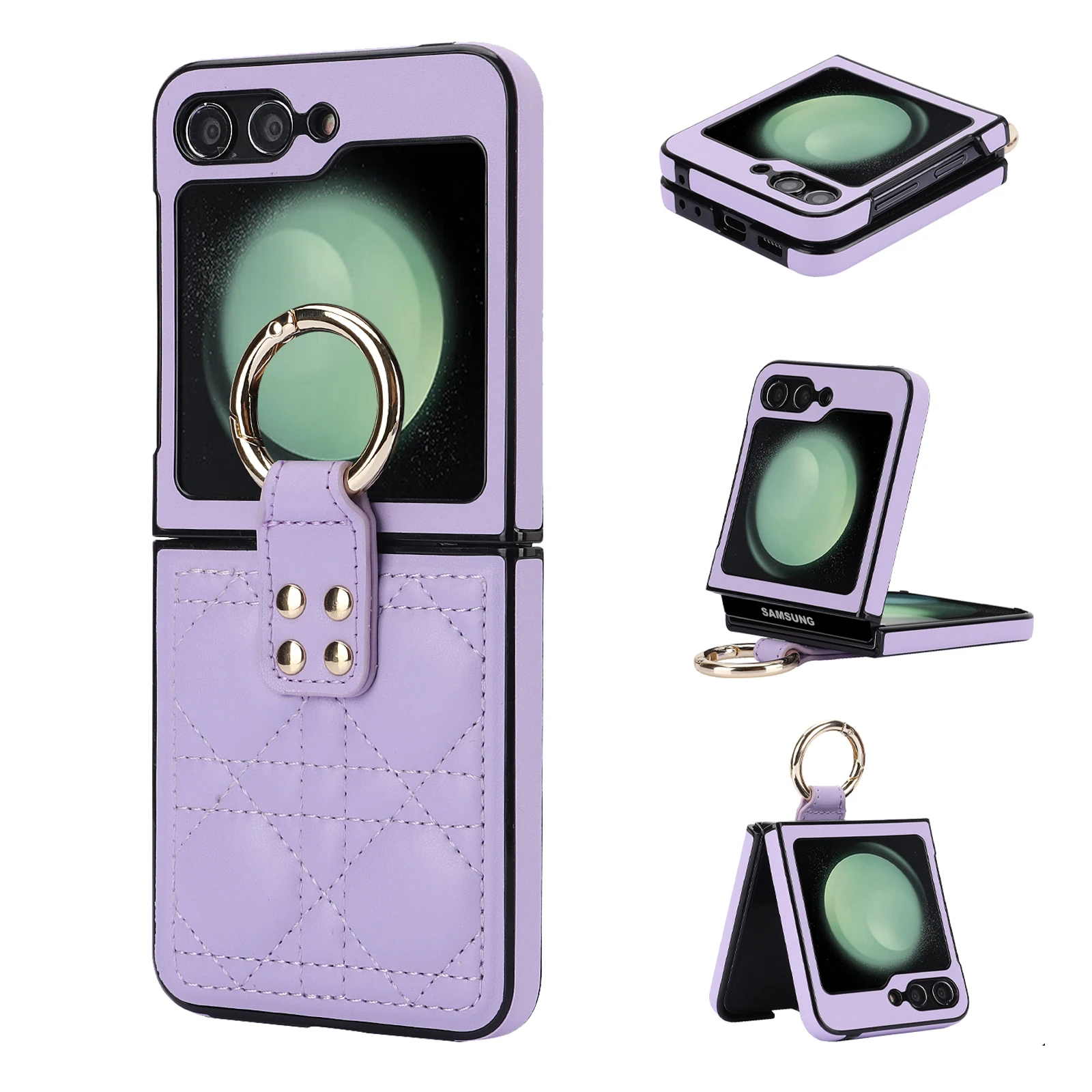 

For Flip 5 Case Shockproof Luxury Prismatic Leather Metal Finger Ring Holder Fold Cover For Samsung Galaxy Z Flip 4 3 Fundas