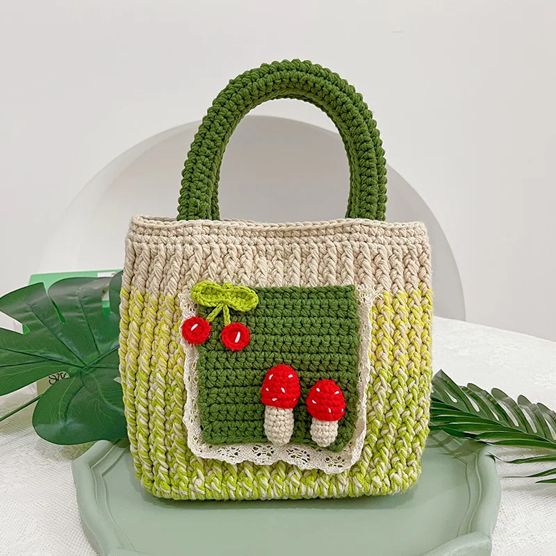 Hot New Model DIY Hand Crocheted Mushroom Cherry Wool Retro Handbag for Women