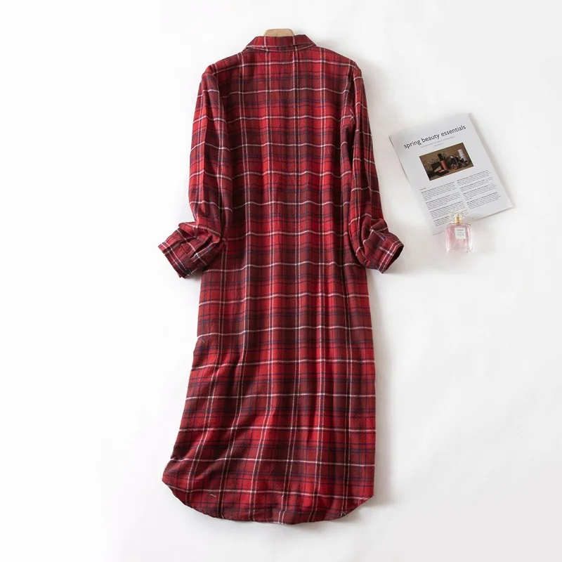 Women's Long Sleeves Plaid Flannel Nightgown 100% Warm Cotton Midi Sleepshirt Button Down Pajamas Sleepwear Plus Size Nightshirt