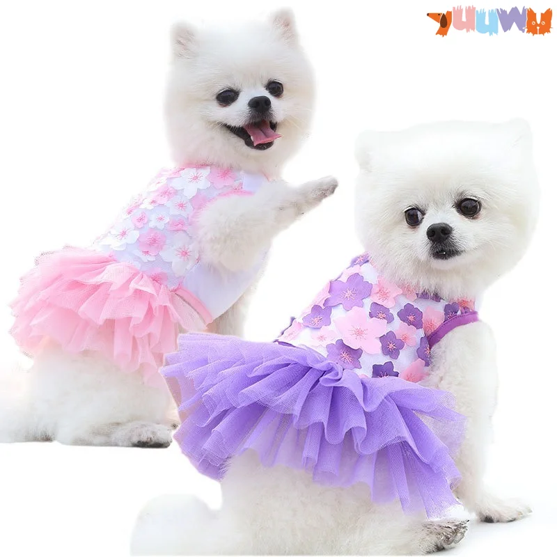 

Кружевное шифоновое платье для чихуахуа, летнее милое платье для маленькой собаки, весенняя одежда для щенка, юбка с цветами персика, одежда для кошки