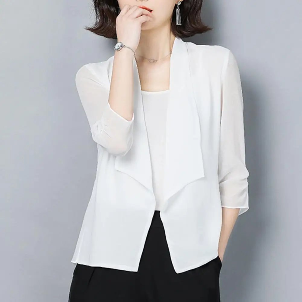 

Solid Color Coat Stylish Women's Elegant Business Attire with Loose Fit Three Quarter Sleeves Soft Lapel for Office Commute