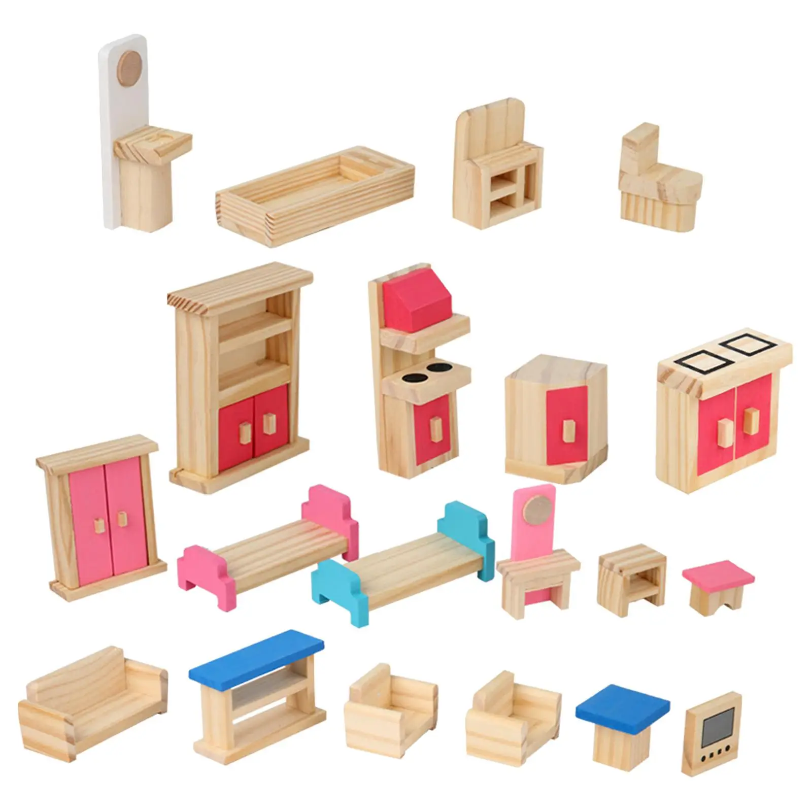 

25 Pieces Doll House Bookshelf Dining Room Wooden Dollhouse Furniture
