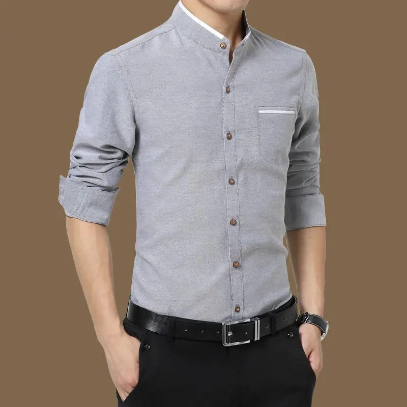 Mattswag Mens High Quality Stand Collar Business Shirts Spring Autumn Breathable Long Sleeve Tops Casual Fashion Formal Camisa
