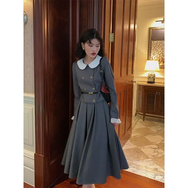 

Woman Elegant Tweed Solid Skirt Sets Female Peter Pan Collar Tops Jackets and Midi Skirts Suit Ladies Two Piece Outfits G198
