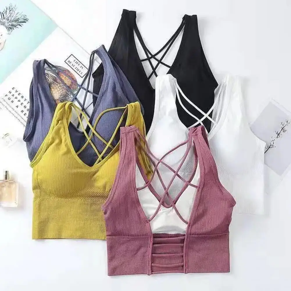 

Women Vest Bra Cross Back V Neck Push Up Padded Bra No Steel Ring Detachable Chest Pads Underwear Solid Color Yoga Bra