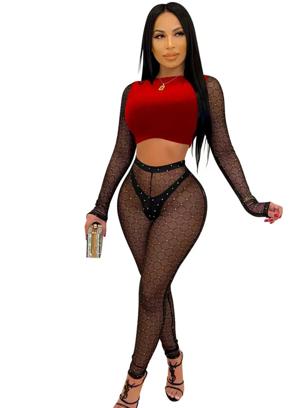 

X5561 fashion new women's sexy color matching long sleeve short top mesh hot drill pants two-piece set