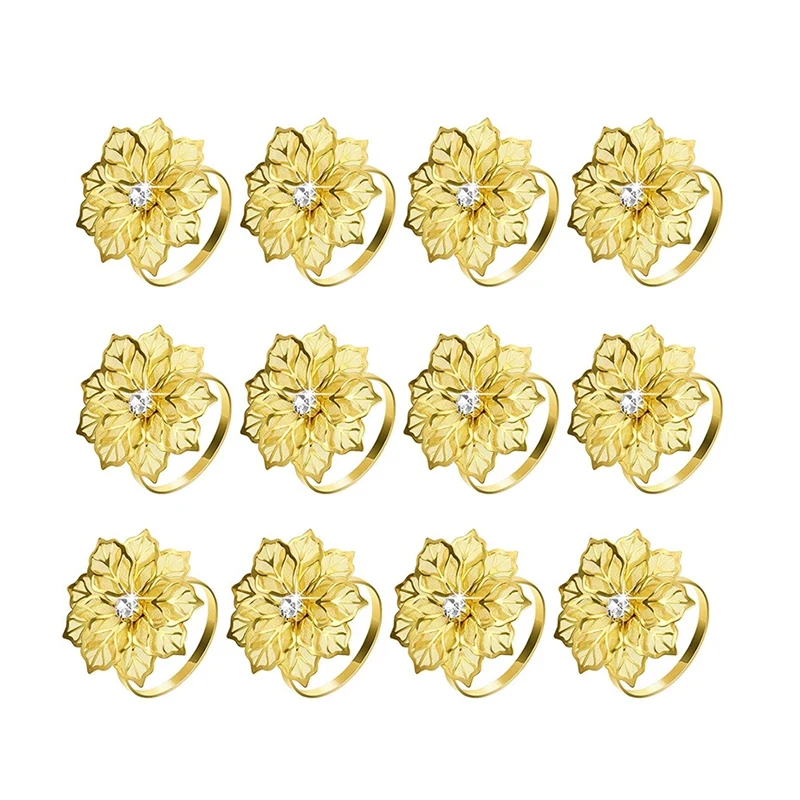 

12-Piece Alloy Napkin Ring with Hollow Flower Napkin Holder Decoration Exquisite Napkin Ring Set (Golden)