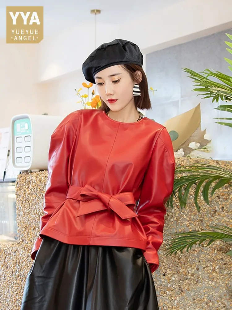 

New Designer Women Pullover O Neck Sheepskin Genuine Leather Jacket Bowknot Slim Waist Office Ladies Tops Fashion Spring Outwear