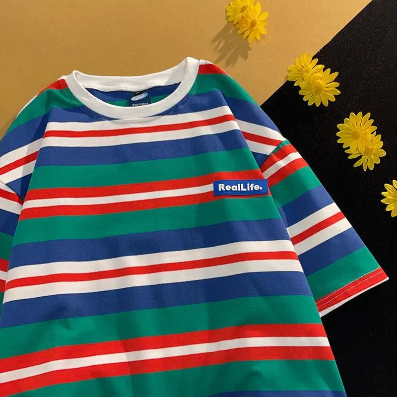 

Футболка женская в радужную полоску, СВОБОДНЫЙ Модный Топ с коротким рукавом, в японском стиле для студентов, в стиле Ins, летняя стандартная ...