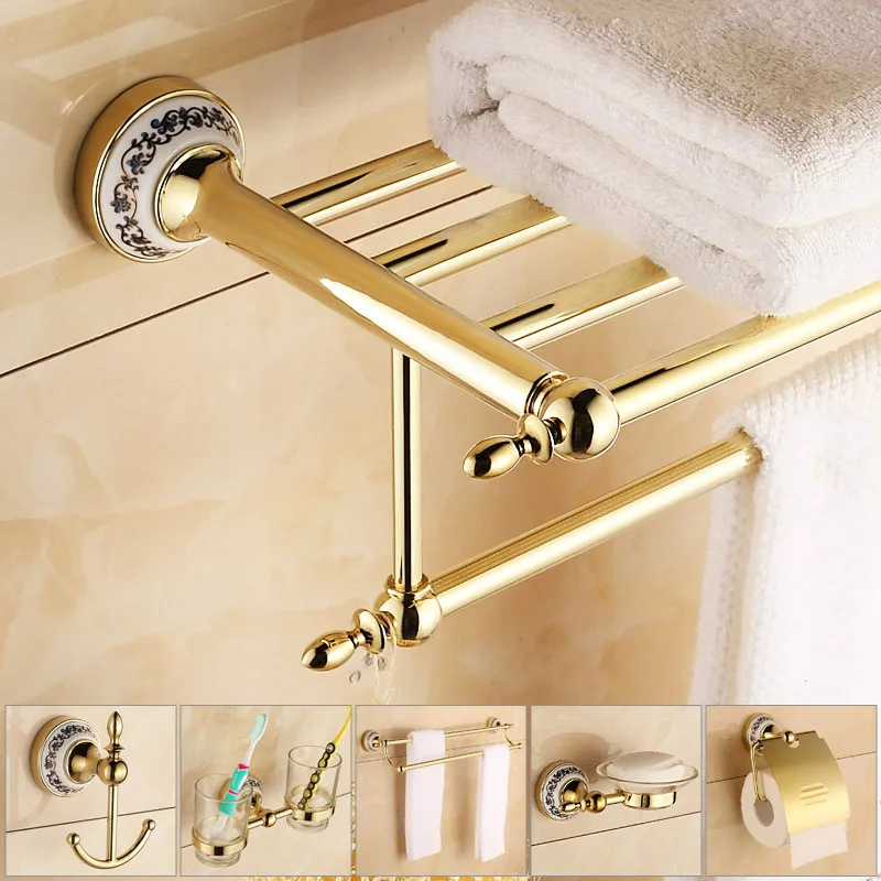 

Antique Gold Porcelain Bathroom Hardware Set With Head Decorate For Accessories Complete Solid Mental