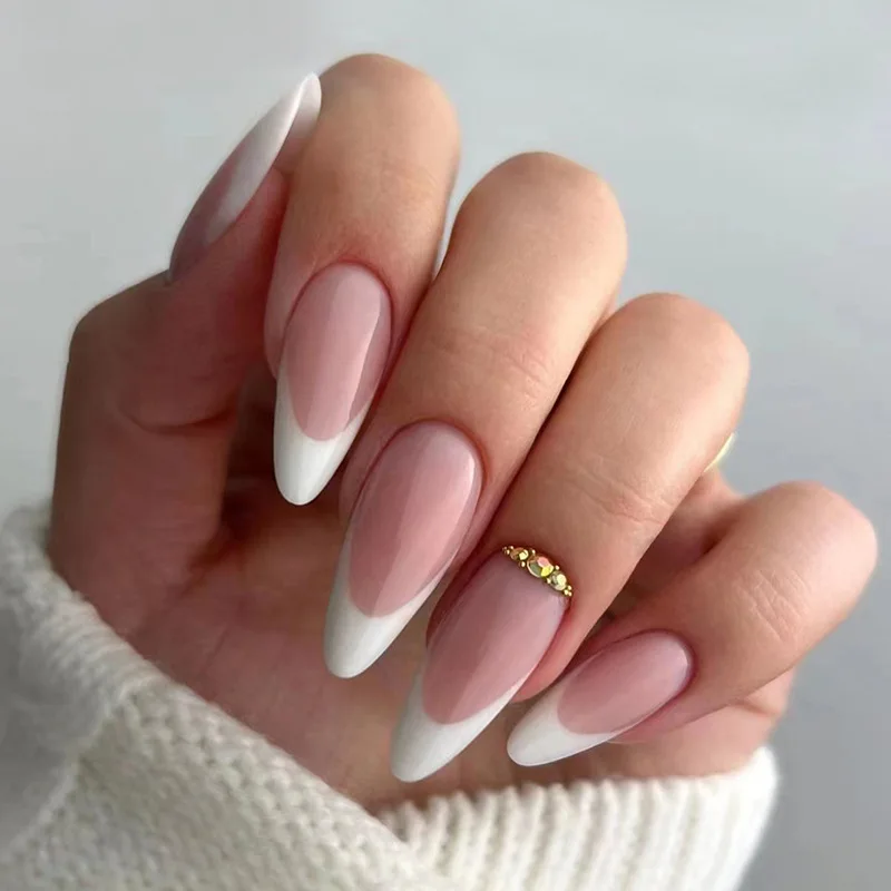

24Pcs/Box Detachable Fake Nails French Manicure Oval Head White And Gold Rim Design Artificial Nails With Glue For Girls