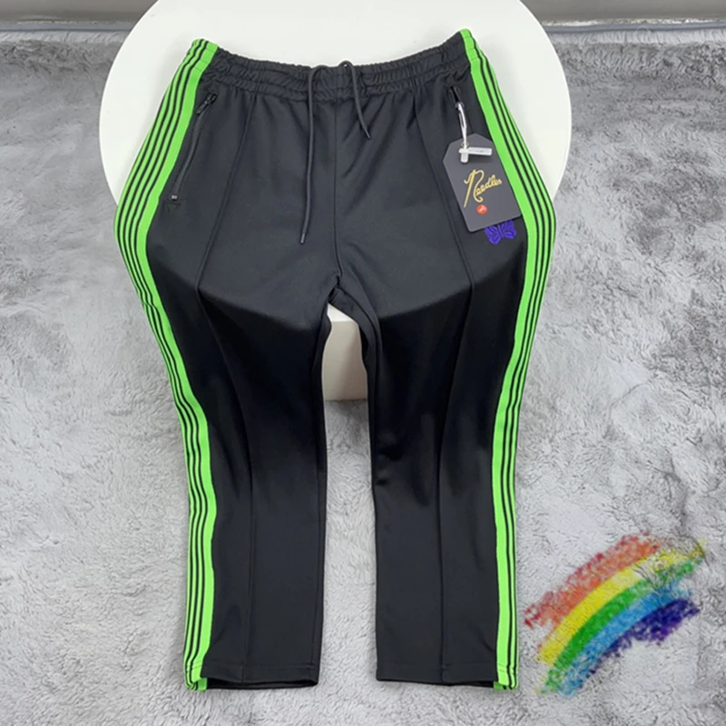 

Bright Green Needles Sweatpants Men Women Top Version Stripe Needles Track Pants Embroidered Butterfly AWGE Straight Trousers