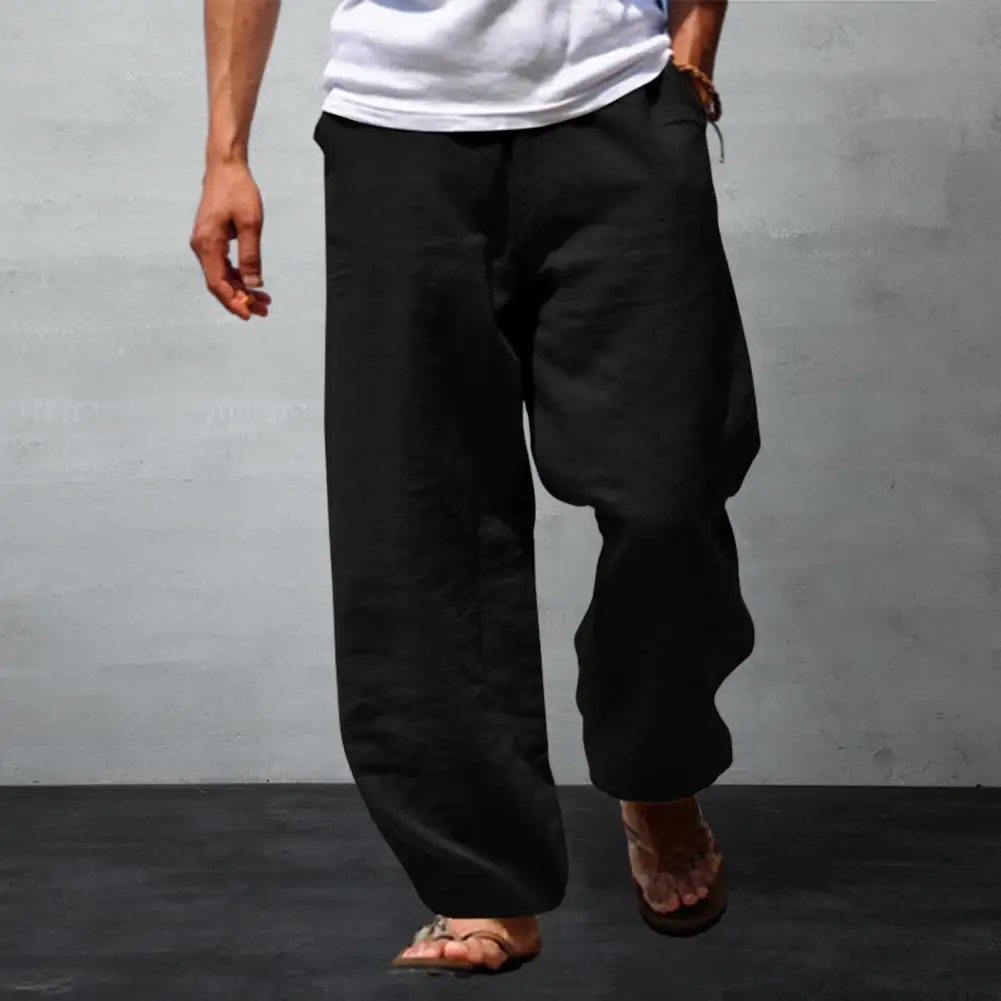 

Breathable Straight-leg Trousers Streetwear Men's Elastic Waist Wide Leg Trousers with Pockets Simple Casual Solid Color for A
