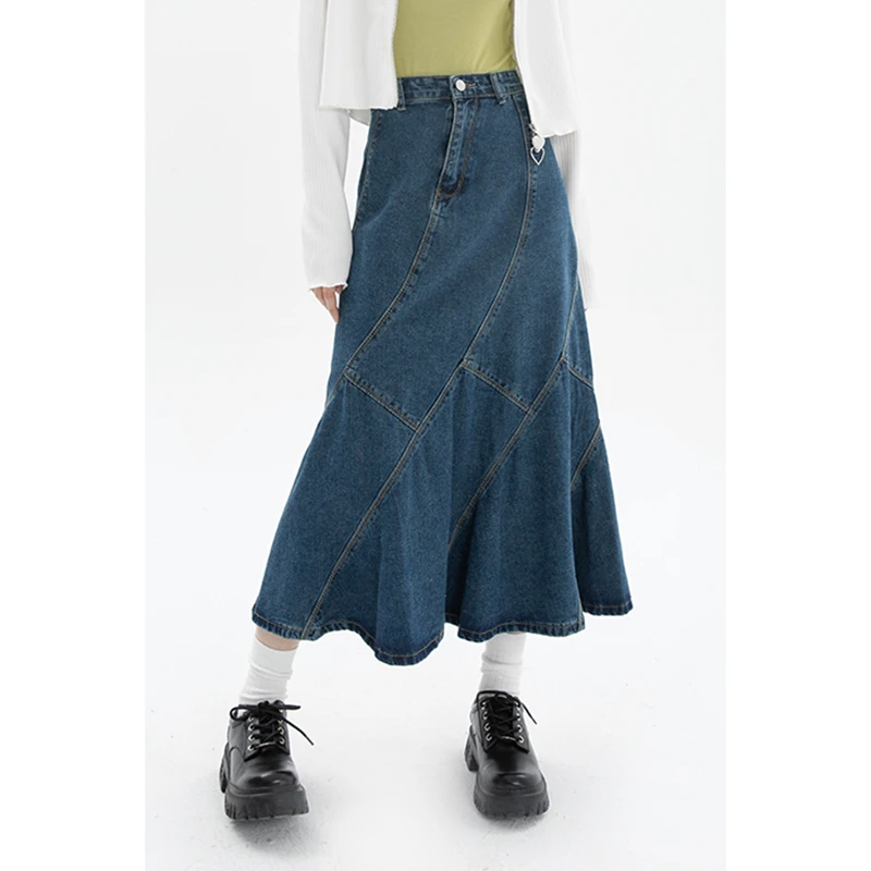 2022 Summer Vintage Blue Women Denim Trumpet Skirt Streetwear Style Casual Irregular High Waist Ladies Long Mermaid Jean Skirt images - 6