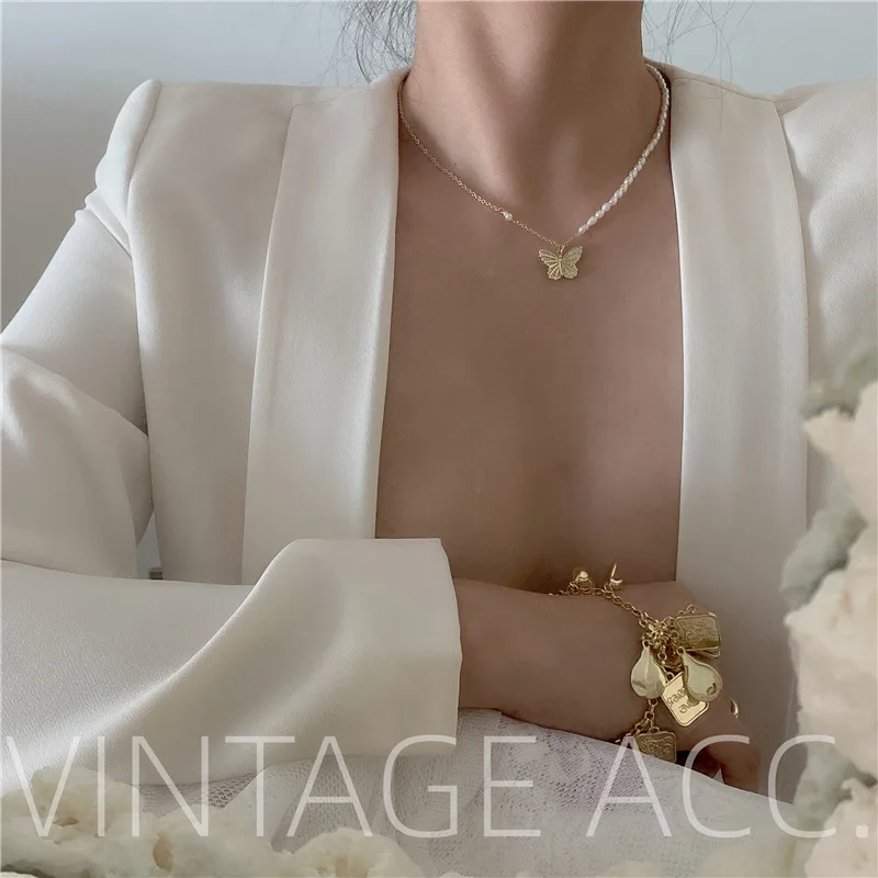 

2022 Simulated Pearl Beads Butterfly Pendant Necklace Gold Color Choker Necklace