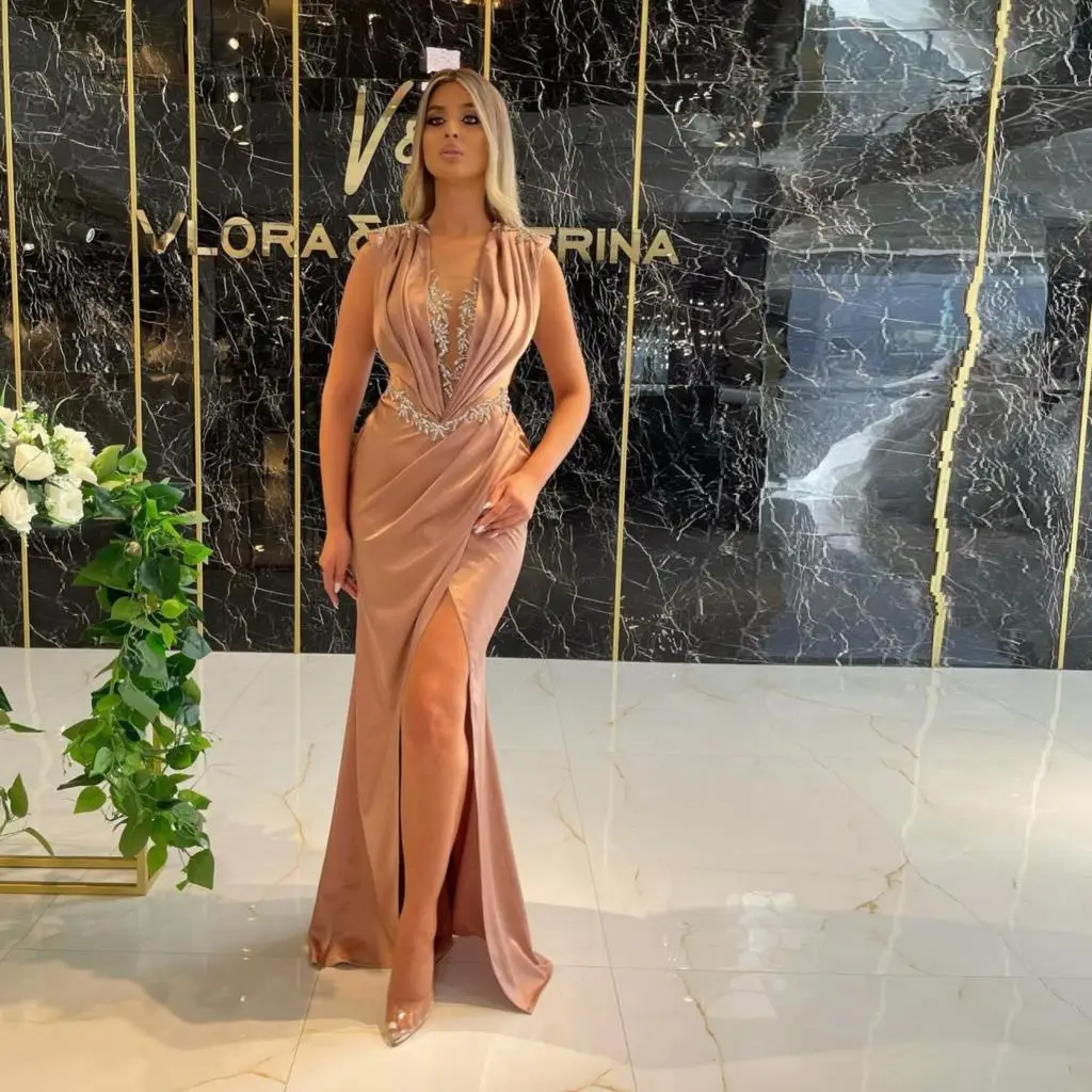 

Elegant Mermaid Formal Evening Dresses Deep V-Neck Crystals Sparkly High Split Dubai Women Prom Party Pageant Dress Custom Made