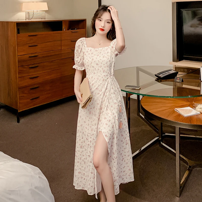 

COIGARSAM Summer Dress Women 2022 New French Style Floral Print Mesh Small Yellow Dresses Dropshipping