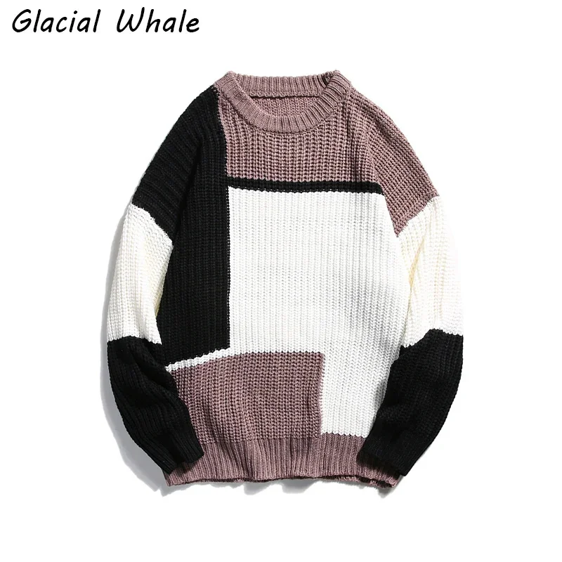 

GlacialWhale Men’s Oversized Sweater Male 2023 Winter New Patchwork Knitted Sweaters Harajuku over Jumper Black Sweater Men