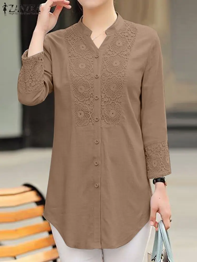 

ZANZEA Summer Elegant Women V Neck 3/4 Sleeve Blouse Casual Lace Crochet Shirt Fashion Patchwork Tops Holiday Blusas Chemise