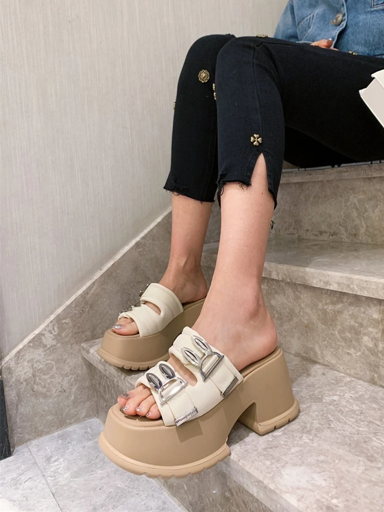 Rabbit Sandals 2023 New Sheepskin Leather Thick-Soled High Heel Platform Square Heel Small Outdoor Slippers for Women