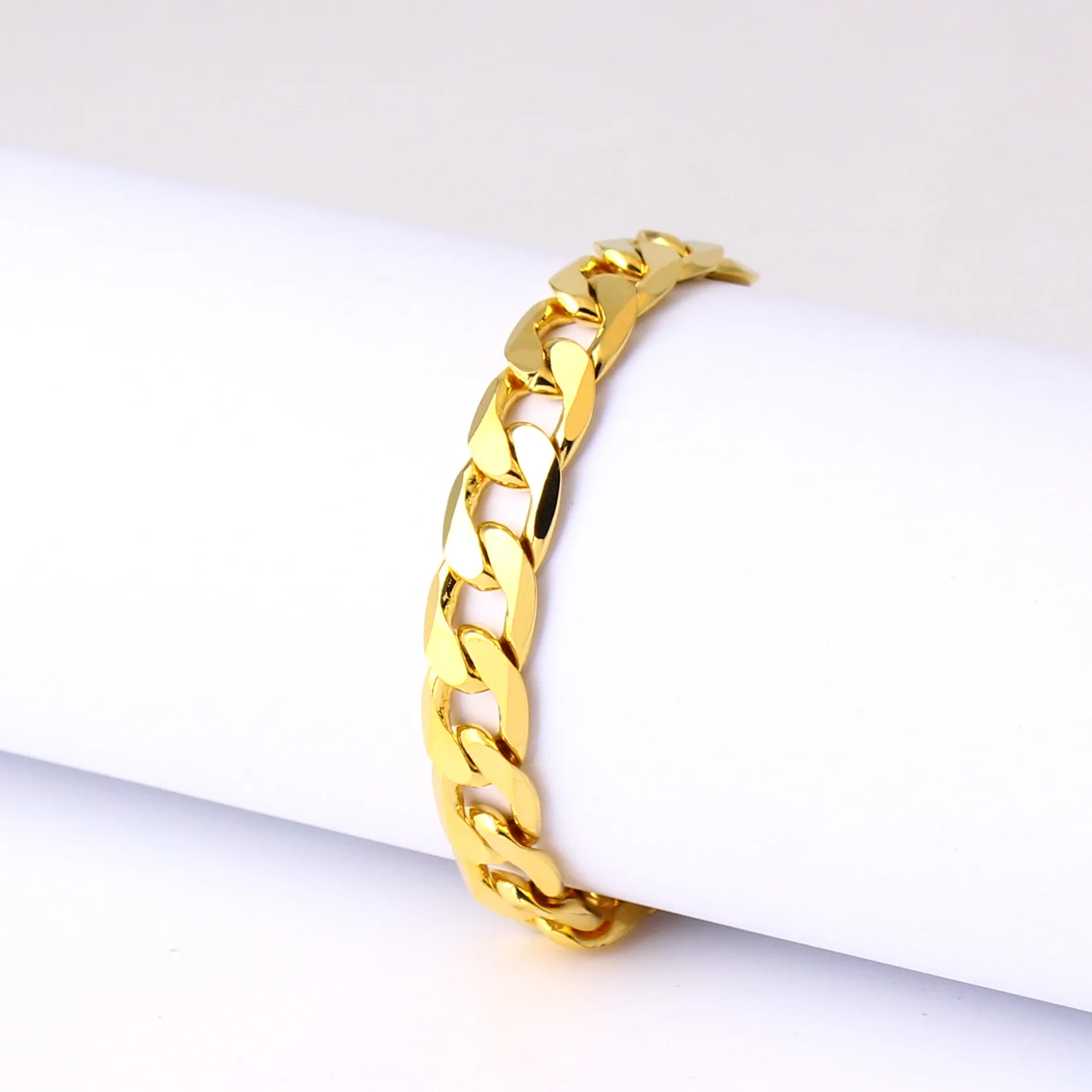 

10mm/12mm Solid Curb Meb Bracelet 18k Yellow Gold Filled Classic Fashion Men's Wrist Link Chain Jewelry 22cm Long