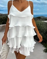 casual dresses for women 2022 summer beaded ruffle hem swing v neck spaghetti strap chic mini white female dress